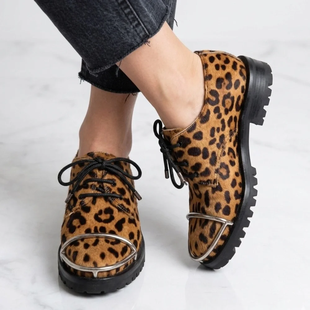 Alexander Wang Lyndon Leopard Calf Hair Leather Platform Lug Sole Oxford Shoes
